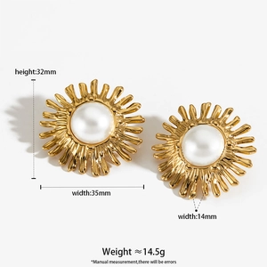 French style sunflower earrings with pearl centers and dimensions in a top-down view