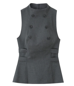 Detail of dark grey sleeveless double-breasted vest with side cut-out waist straps