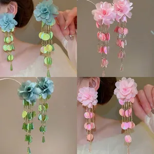 Chiffon Flower Tassel Drop Earrings With 925 Sterling Silver Earring Post Sequin Beaded Romantic Bohemian For Women