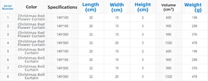 Size chart for Christmas curtains showing dimensions and weights for bell and flower patterns