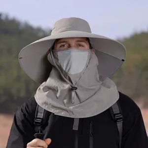 Outdoor wide brim sun hat with face cover and neck flap for fishing and hiking