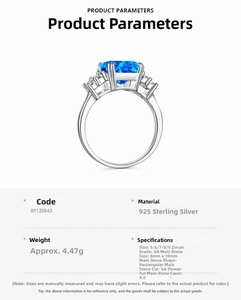 Macro view of 4.0ct ice-cut blue zircon on S925 sterling silver ring with dimensions