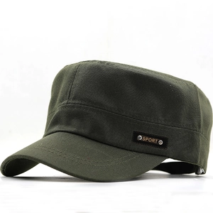 Army green flat top military cap in cotton canvas with side SPORT metal logo badge