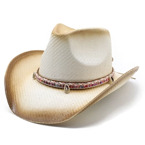 Western Strohhut mit Muschelbesatz und braunem Vintage-Verlaufskante als Sonnenschutz