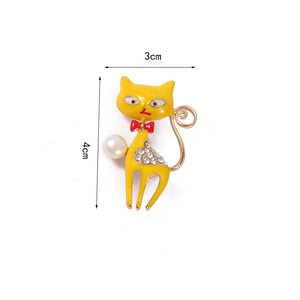 Charming yellow cat brooch with red bow, white rhinestones and pearl, 4cm x 3cm size