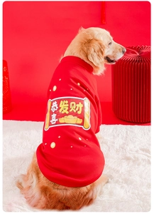 Detail of red festive dog hoodie with golden pattern for golden retrievers and large breeds