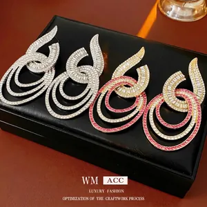 Oversized Multilayer Geometric Ring Earrings Alloy Rhinestone With Silver Earring Post Vintage Luxury Statement For Women