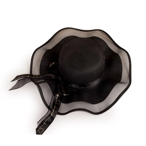 Detail of black straw sun hat with sheer mesh brim and love you forever ribbon