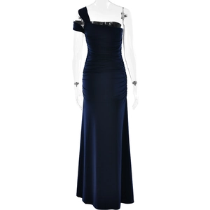 Detail of dark blue one-shoulder maxi dress with ruched bodycon fit and side slit