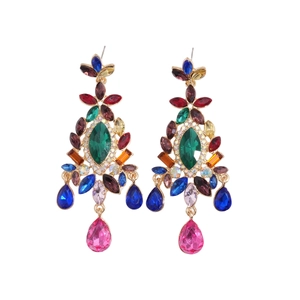 Bohemian court style drop earrings with colorful crystals and rhinestones on white base