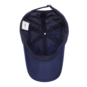 Quick-dry navy blue baseball cap showing breathable mesh lining and adjustable metal buckle