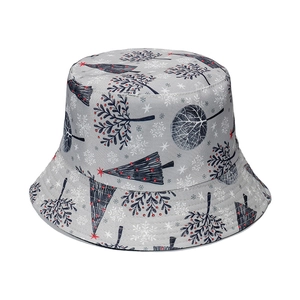 Grey outdoor fisherman hat with winter forest pine tree and snowflake pattern prints