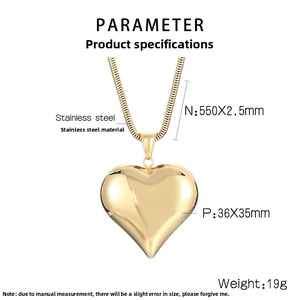 Detailed size chart for golden stainless steel heart pendant necklace with measurements