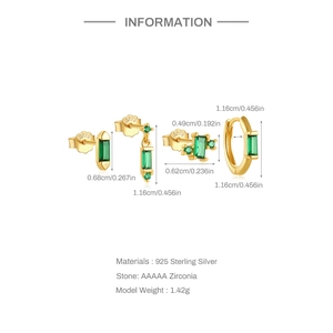 Macro detail of S925 silver earrings set with green cubic zirconia and gold plating