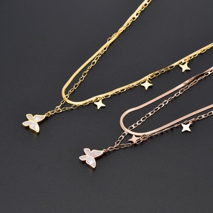 Women Titanium Steel Double Layer Necklace With Shell Butterfly Pendant And Star Charms Snake Chain Fashion Jewelry