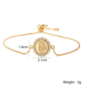 Gold plated chain bracelet with a cubic zirconia encrusted Virgin Mary oval pendant