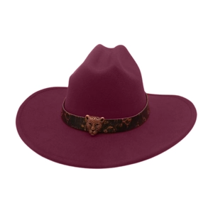Detail of burgundy wide-brim felt hat with brown leather band and bronze leopard buckle
