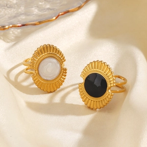 Bague En Acier Inoxydable Vintage Ronde Email Geometrique Plaque Or Ajustable Ouverte Bijoux Pour Femme