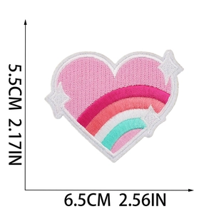 Detailed view of heart rainbow embroidery patch with dimensions 5.5cm x 6.5cm
