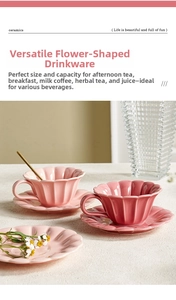 Detailed close-up of pink ceramic pumpkin shaped coffee cup and saucer set with gold spoon