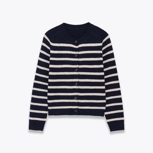 Women Classic Striped Knit Cardigan Round Neck Long Sleeve Button Down Polyester Casual Sweater Outerwear