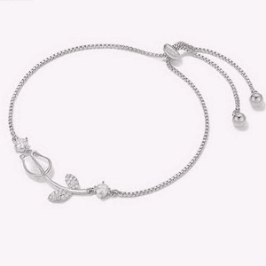 Elegant rose bracelet with white zircon pave setting and adjustable slider chain