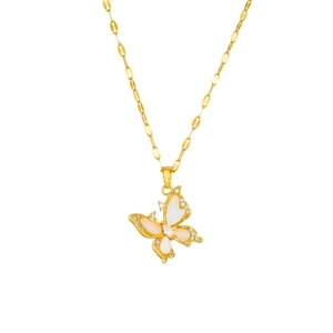 Gold-plated butterfly necklace with mother-of-pearl inlays and sparkling crystal accents