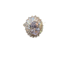 Luxurious layered silver ring with a large oval zircon center and halo diamonds