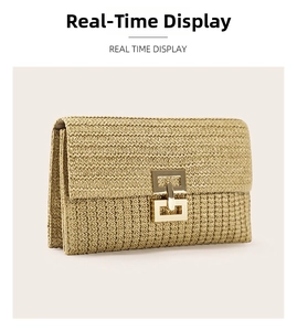 Close-up of woven straw clutch bag texture with a golden interlocking square metal buckle