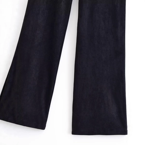 Women's black flared pants with a premium matte suede finish and detailed stitching