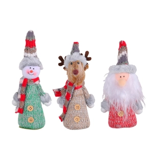 Three Christmas knitted dolls featuring Santa, reindeer, and snowman for tree decoration