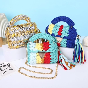 Handmade Woven T-shirt Yarn Crossbody Bag For Women Contrast Color Crochet Bag With Metal Chain Tassel Lock Square Bag
