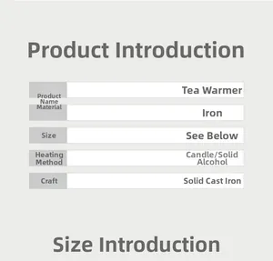 Detailed specifications chart for cast iron tea warmer with candle heating method