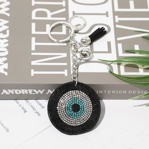 Sparkling evil eye rhinestone keychain with black tassel and silver lobster clasp