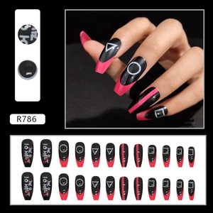 Set of 24 wearable false nails featuring black and pink geometric graphic designs