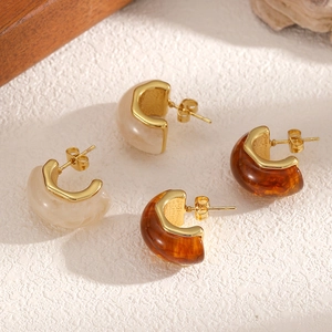 Geometric C-Shaped Hoop Earrings Stainless Steel Retro Amber Resin Marble Inlay Fashion Jewelry For Women