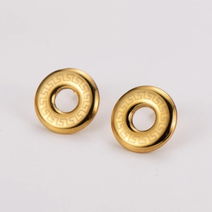 Fashionable gold stainless steel hollow circle stud earrings with Greek key pattern