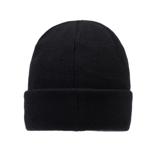 Black ribbed knit winter beanie with fold-over cuff for men and women on white background