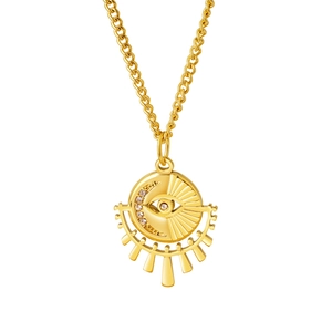 Golden Turkish Evil Eye necklace with sunburst and moon pendant on white background