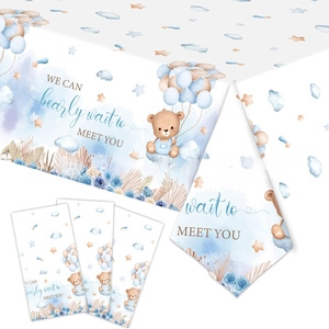 Detail of teddy bear baby shower tablecloth with We Can Bearly Wait To Meet You design