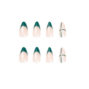 Green and white French almond press-on nails with linear plaid patterns on nude base