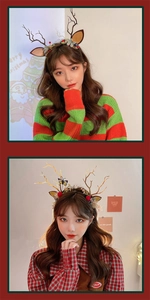 Detailed view of Christmas reindeer antler headband with plush ears and floral accents