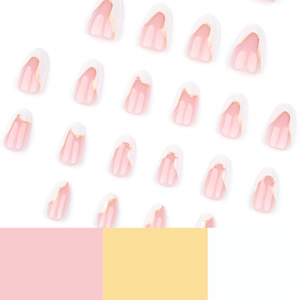Short almond press-on nails with white French tips and delicate gold wave accents