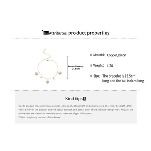 Detailed size chart for the gold flower bracelet with zircon insets and dimensions