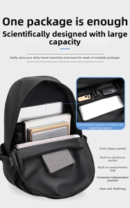 Detail of multi-compartment interior storage for laptop and books in black backpack