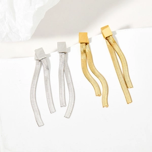 Elegant gold and silver square stud earrings with long snake chain tassels on white background