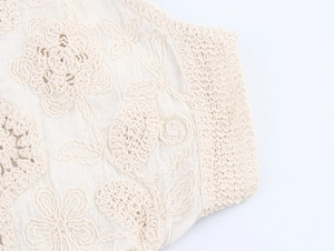 Detail of crochet batwing sleeve cardigan with 3D floral embroidery and cotton texture