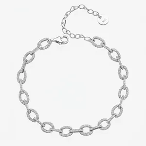 Bracelet Chaîne en Argent Sterling 925 de Luxe pour Femmes Hommes Pave Zirconia Geometric Oval Link Bijoux de Mode Cadeau