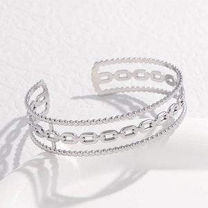 Minimalist silver geometric layered chain cuff bracelet in stainless steel for women