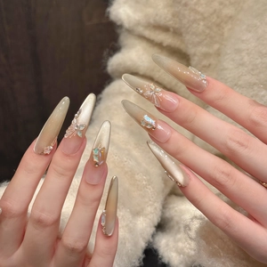 Faux Ongles Press On Fait Main Oeil De Chat Longue Amande Papillon 3D Künstliche Perles Dégradé Champagne Strass Pour Femmes